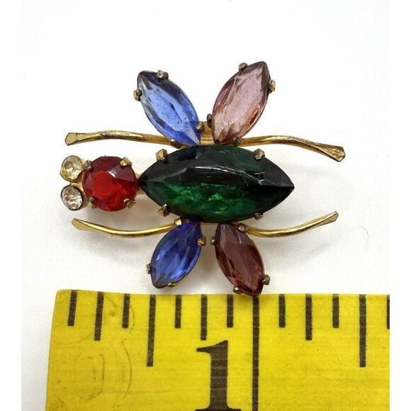 Vintage CORO Pegasus STERLING 925 Vermeil Rhinestone Cabochon Bug Insect Brooch - Picture 4 of 4